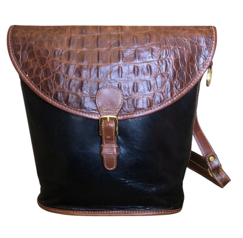 Vintage Brahmin Black Brown Croc Embossed Leather Bucket Crossbody Bag